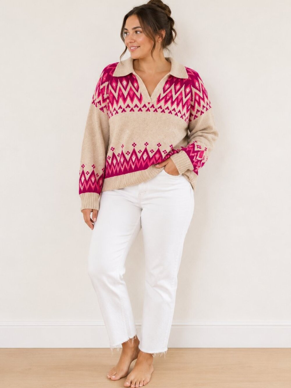 CeCe Beige and Hot Pink V-Neck Collared Sweater